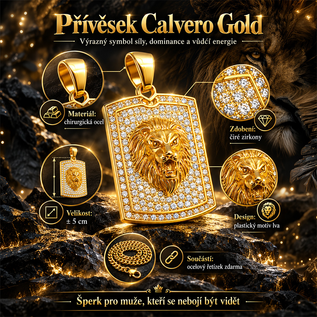 Pánský ocelový přívěsek Calvero Gold s motivem lva a zirkony 4